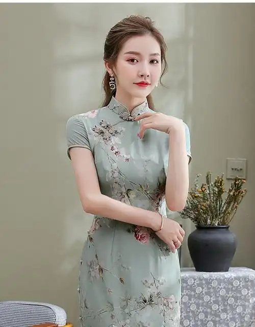 2020新款改良雪纺中长款古典优雅印花中国风旗袍裙xgt2157