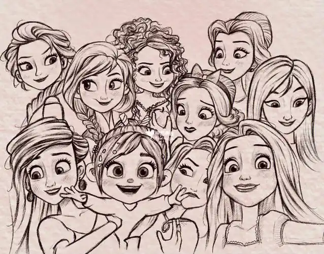 迪士尼公主们手绘线稿头像