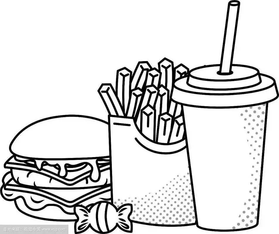 汉堡包,薯条和苏打水,黑白的