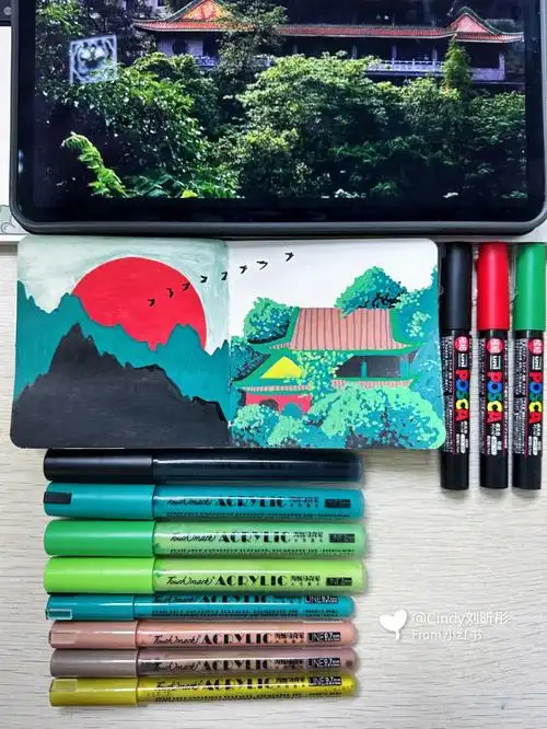 丙烯马克笔山中寺庙