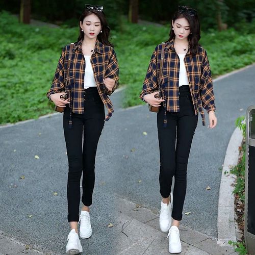 秋装搭配一整套港味复古格子衬衫女高腰小脚休闲裤时尚套装两件套