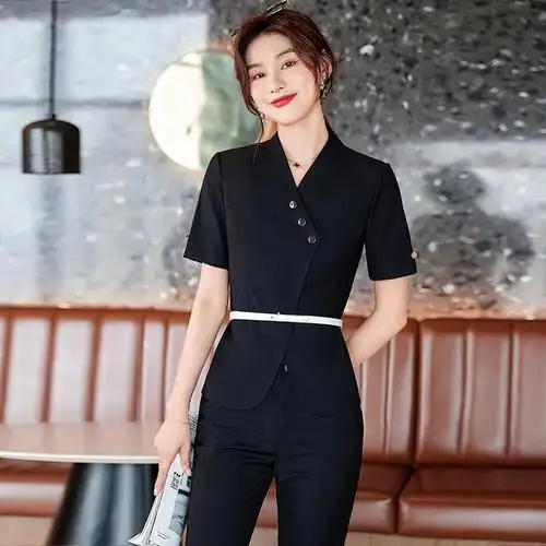 女先生女士套装商务高级西装套装女时尚夏装短袖v领西服职业装气质