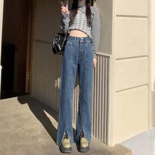 实拍中缝分割式设计感阔腿高腰显瘦直筒开叉牛仔裤拖地裤女