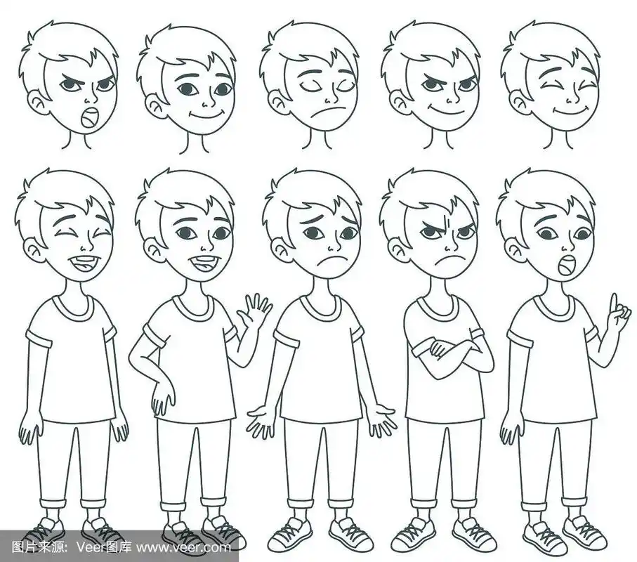 卡通学校男孩人物模型表.徒手画的轮廓图纸.