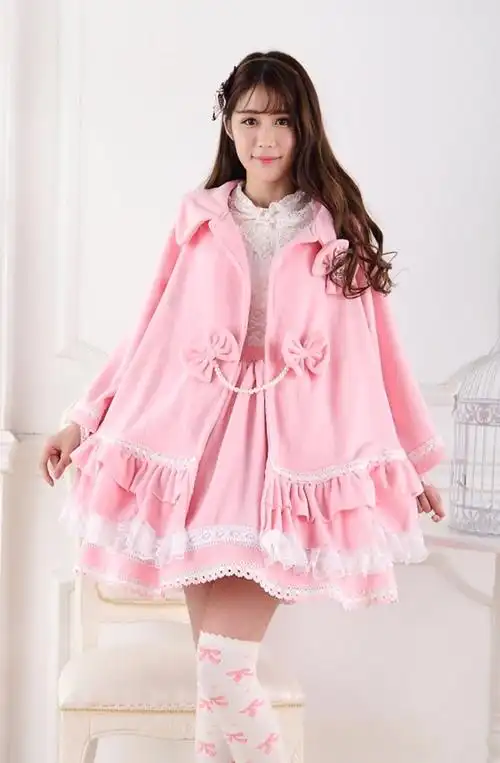 摇粒绒超软萌系lolita娃娃甜美蕾丝公主风斗大衣毛呢外套