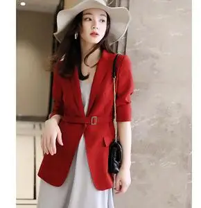 红色三醋酸西装外套女2021春款女装修身配腰带女人味休闲西服上衣