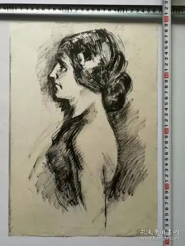 80年代钢笔人像素描速写画稿原稿《外国女性侧像》