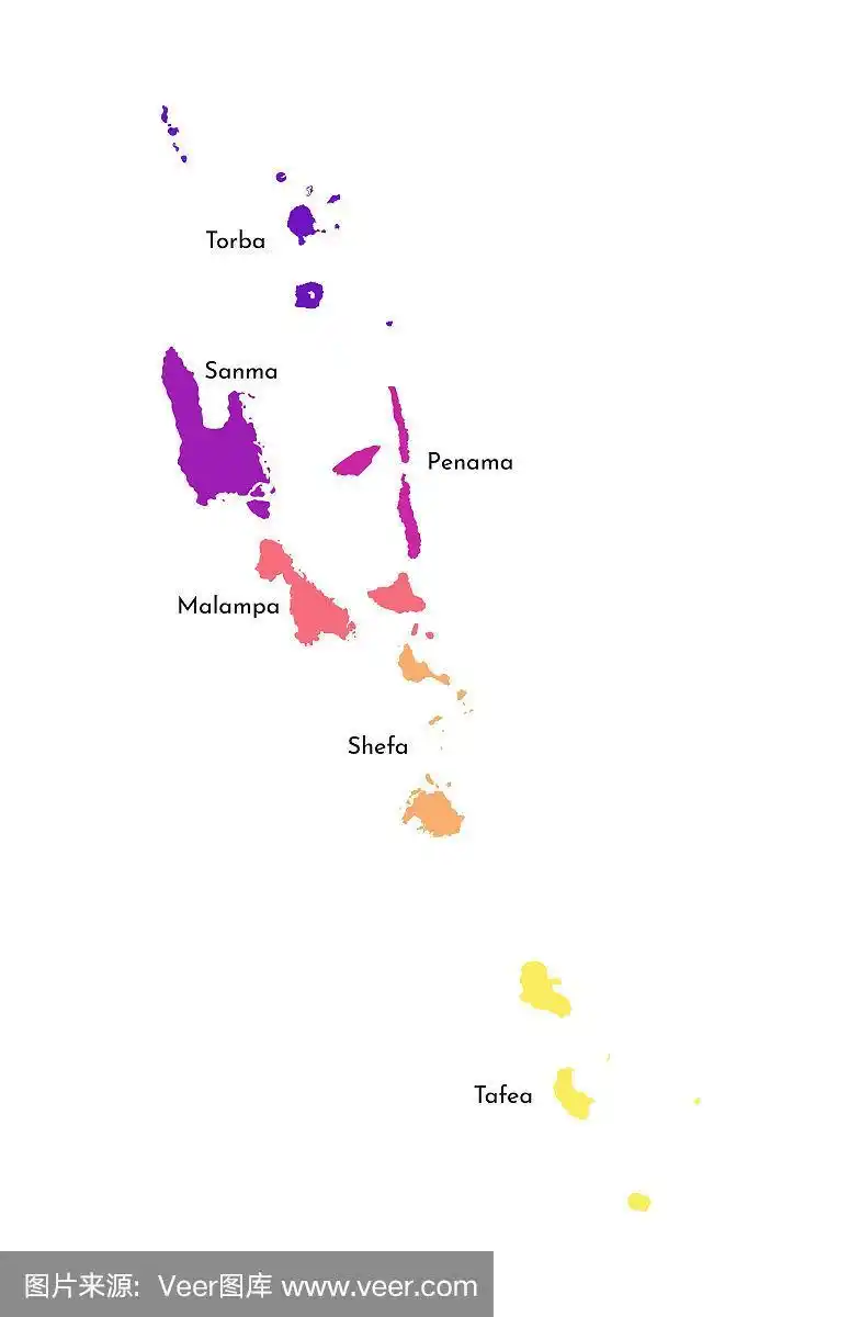 瓦努阿图简化行政地图矢量孤立插图.省(区)的边界和名称.多彩色剪影