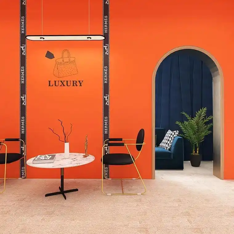 高级感爱马仕橙拼色墙纸时尚网红女装服装店拍照直播间背景墙布