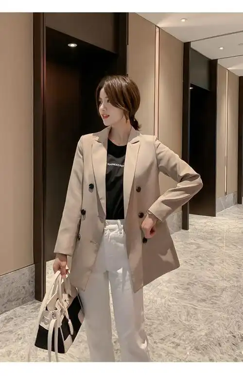 雅鹿 新品2021春季新款韩版小西装时尚百搭中长款外套港风休闲女士