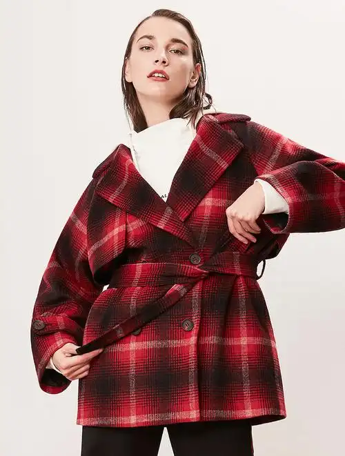 naivee/纳薇2018冬季女装新款苏格兰格纹收腰系带毛呢大衣