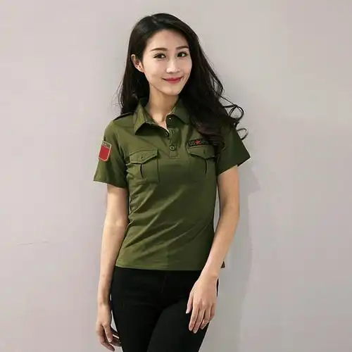 水兵舞服装夏季短袖女t恤全棉弹力显瘦军绿广场跳舞演出上衣半袖