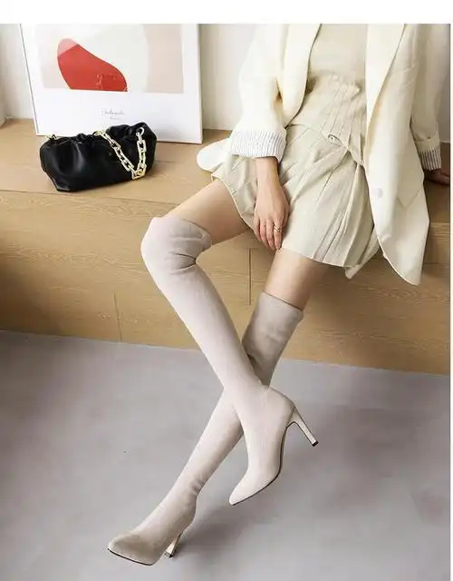 长筒过膝超长大腿靴女王尖头细跟性感高跟弹力秋冬靴大码长靴 米白色/