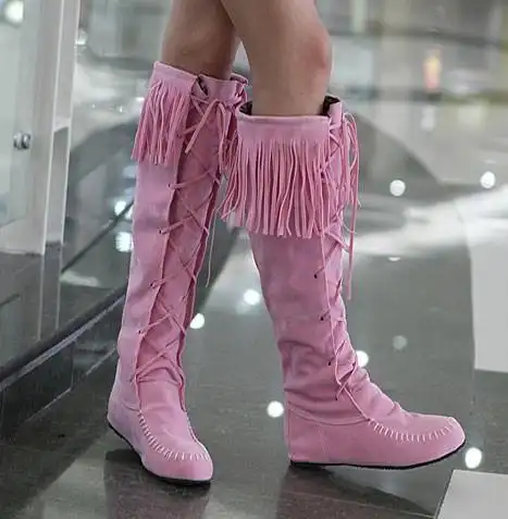 女鞋2013秋冬新品女靴子平跟长筒靴流苏靴圆头高筒靴磨砂套筒长靴粉色