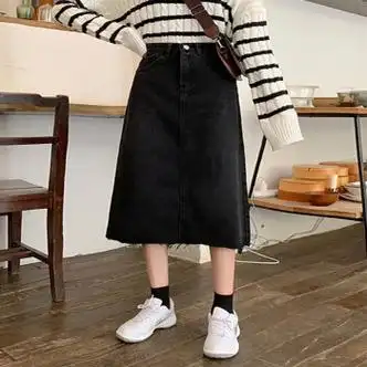 牛仔裙显瘦高腰裙女士时尚气质秋冬装新款a字中长裙黑色m码建议98108