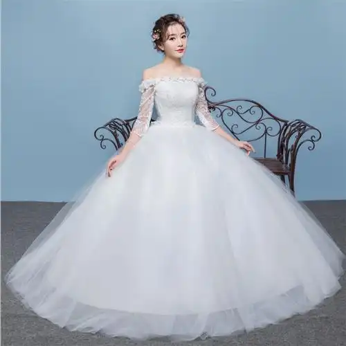 2020 韩国 vestidos de novia 露肩船脖子优雅简约蓬松新娘礼服婚纱