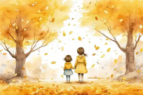 秋天两个女孩牵着手站在大树下的背影卡通水彩ai插画