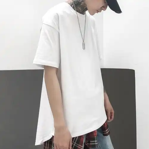 oversize宽松燕尾前短后长加长款高街潮男夏季打底纯素色短袖t恤