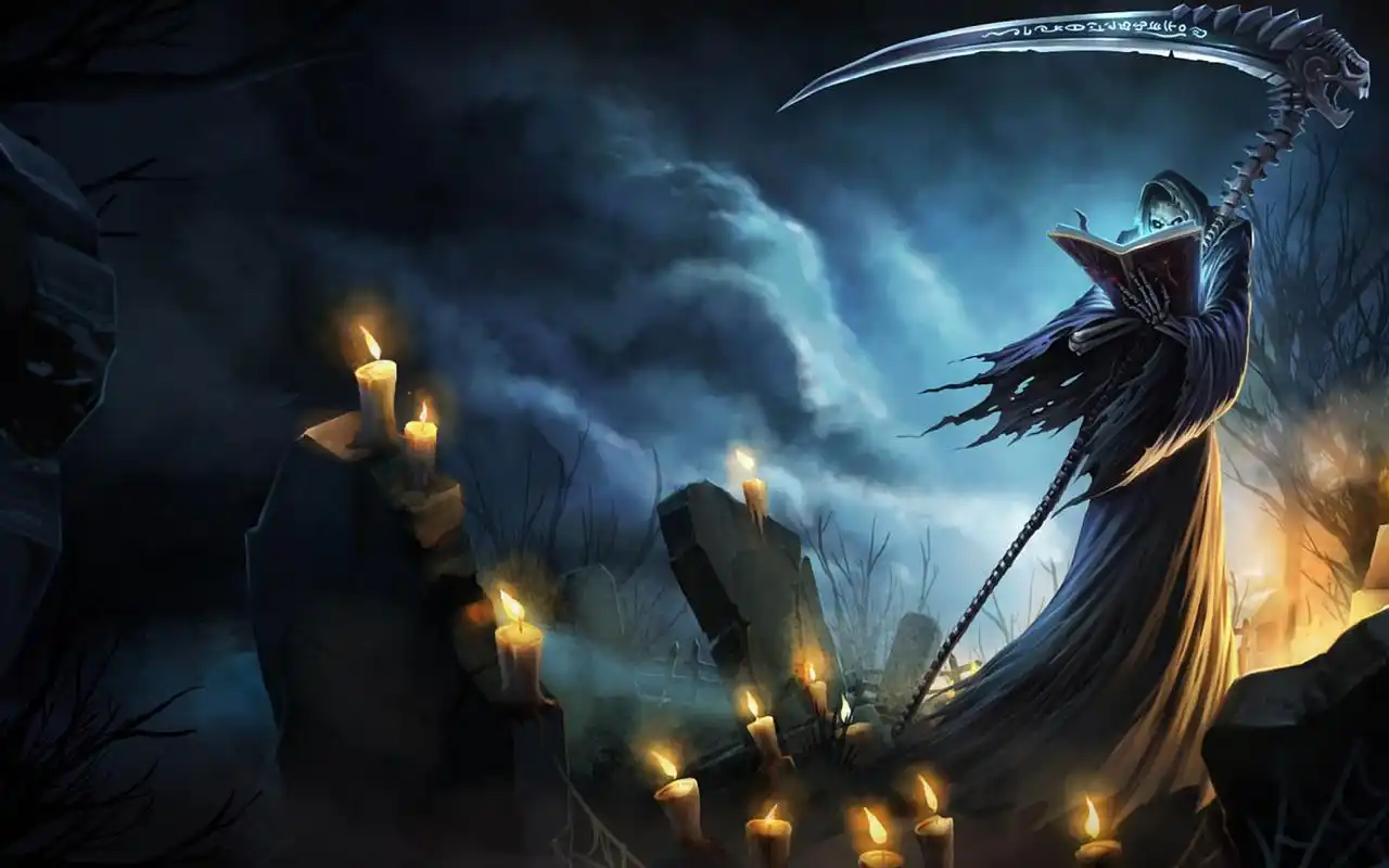 死神常穿一身黑斗篷,手中拿着一把巨大的镰刀.