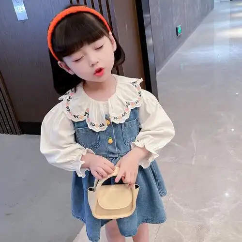 三到四至五岁小女孩长袖衬衣牛仔背带裙套装春天穿6女童洋气2衣服