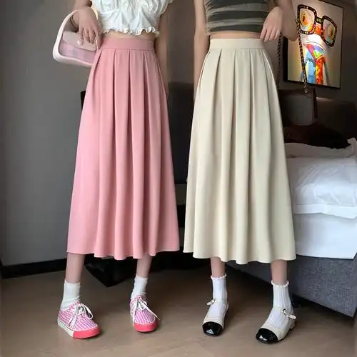 实价新款中长款西装百褶裙半身裙女高腰显瘦垂坠感a字裙子,女装半眄