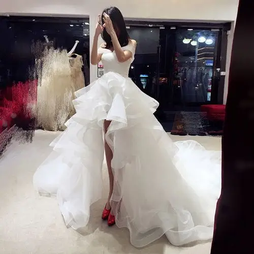 新娘冬季2016新款前短后长拖尾婚纱礼服双肩一字肩修身影楼主题