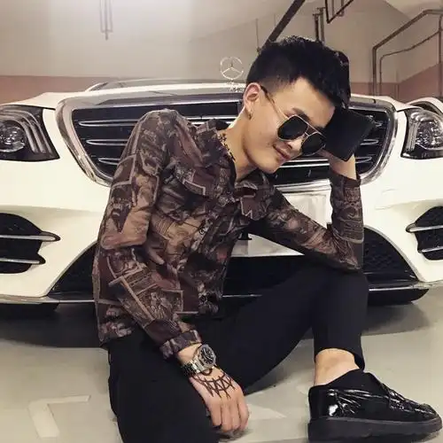 春夏快手红人同款外套男长袖衬衫社会精神小伙夜场修身格子衬衣潮