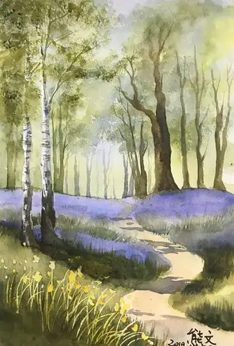 水彩风景画1恬静的小树林