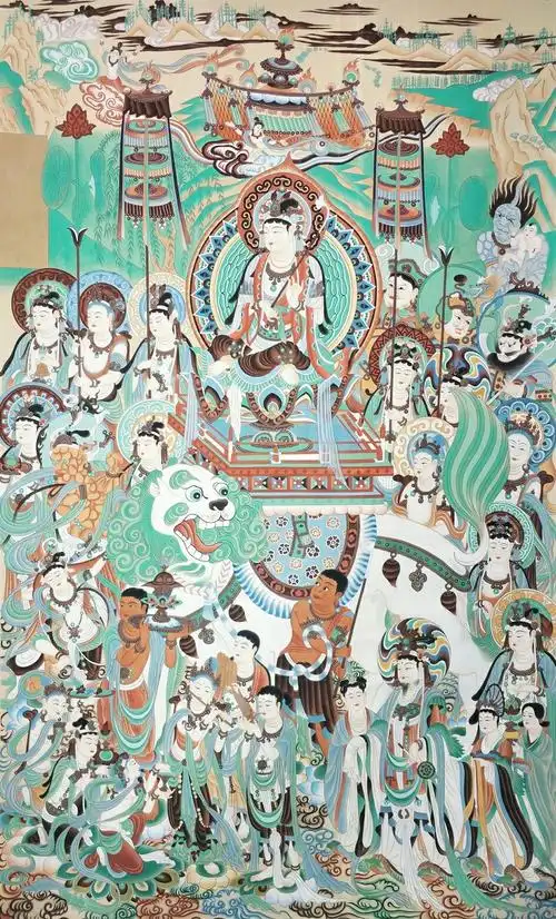 敦煌壁画艺术 水月观音:榆林窟2窟  西夏  160x168cm 伎乐天: 莫高窟