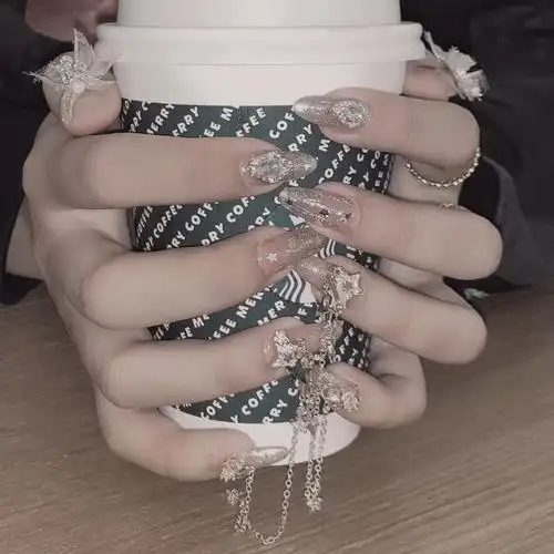 流苏链条网红手工成品防水长指甲贴新娘孕妇穿戴假指甲美甲小红g