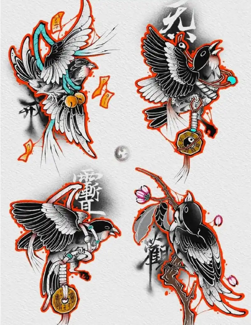 鸟 符咒 山鬼 太极八卦 樱花 水墨.#纹身设计 #纹身师日 - 抖音