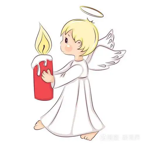 可爱的圣诞小天使他手里拿着一支燃烧的蜡烛在白色背景上分离的矢量
