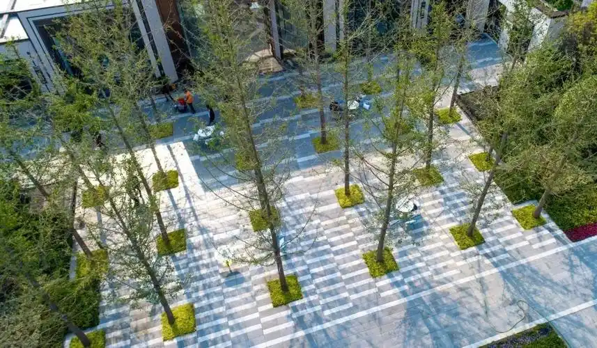 u-garden银杏树阵参照paley park的设计手法,谨慎地使用跌水,树阵广场