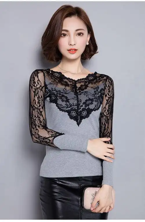 马越星云大码v领蕾丝打底衫性感修身显瘦镂空蕾丝拼接t恤女士上衣