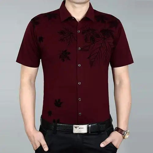 男士短袖衬衫薄款2016夏碎花衬衣桑蚕丝烫金印花潮男装中青年花衬