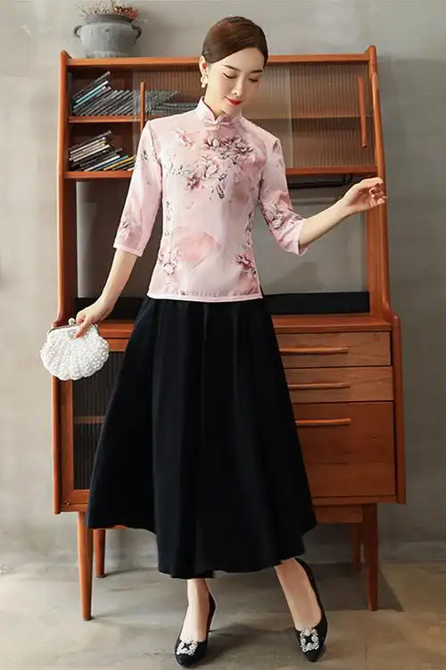 2021改良时尚中国国风印花新年唐装女斜中式上衣