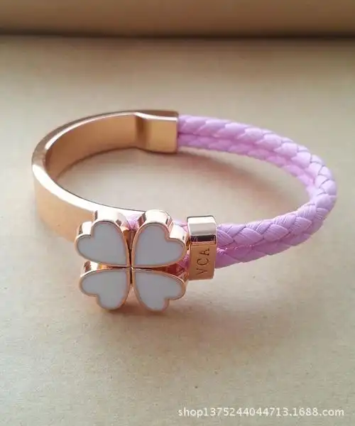 欧美流行饰品 vca梵克雅宝 情侣 滴油 彩色 编织皮绳 四叶草 手镯