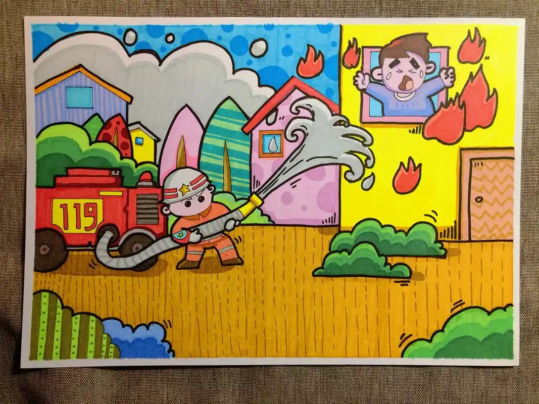 手绘儿童画 马克笔 消防主题 救火小英雄 临摹于网络 尺寸:a4 工具