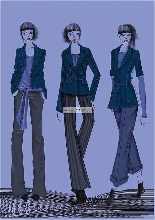 女装休闲套装设计手稿图-女士休闲套装款式效果图-cfw服装设计