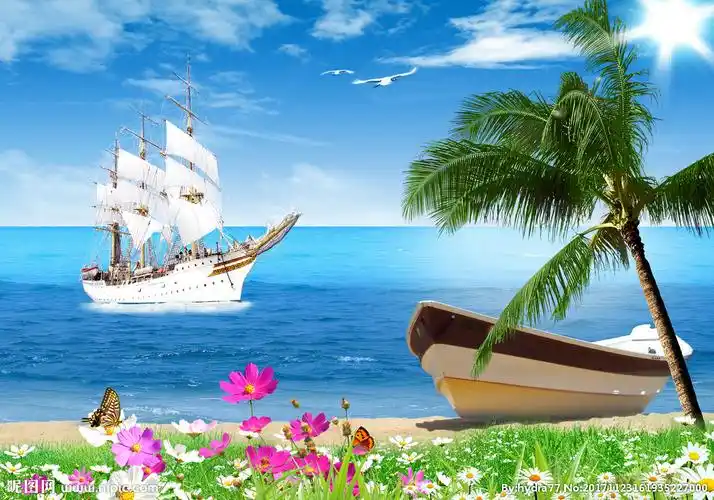 蓝天白云海边帆船背景图片