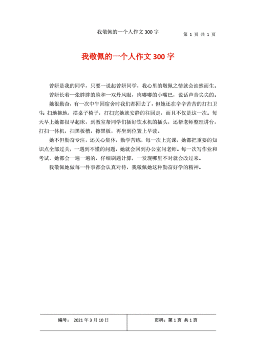 我敬佩的一个人作文300字docx1页