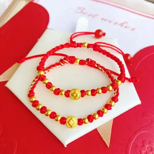 经典钱币金珠红绳