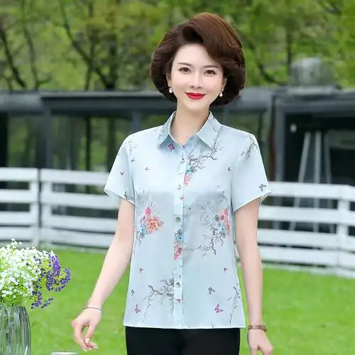 轻奢款杭州真丝衬衫女大牌高档中老年妈妈夏装印花桑蚕丝短袖上衣