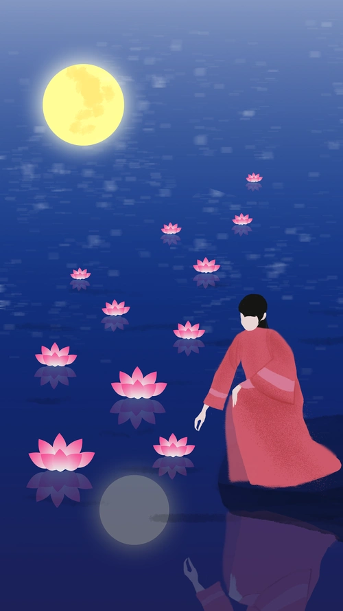 古风无脸插画母女棋魂 褚嬴棋魂 褚嬴标签中元节女子祈愿放河灯作品