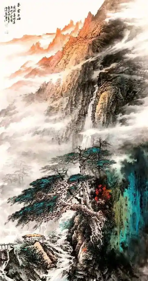 国画泼彩山水画,色彩太好看了