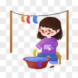 卡通手绘女孩洗袜子素材