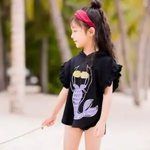 儿童游泳衣女孩女童美人鱼三件套中大童比基尼小荷叶三角温泉泳衣