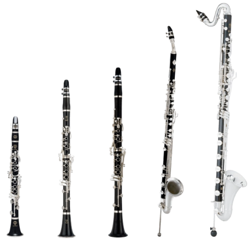 从左至右: 降e调单簧管(迷你型,音调高)降b调单簧管(最常见)a调单簧管