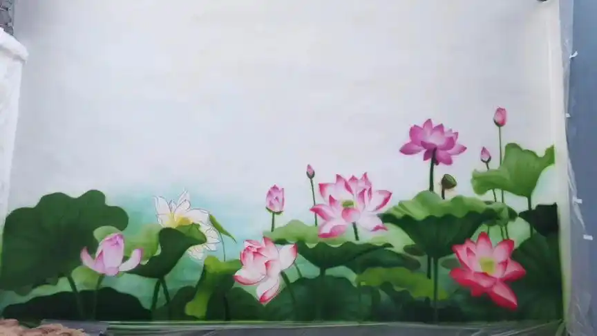 荷花未完工.#墙体彩绘 #彩绘 #壁画师