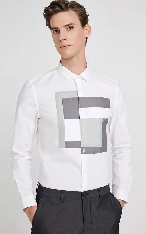 selected思莱德新品纯棉几何拼接拼色休闲男士修身长袖衬衫s420105534